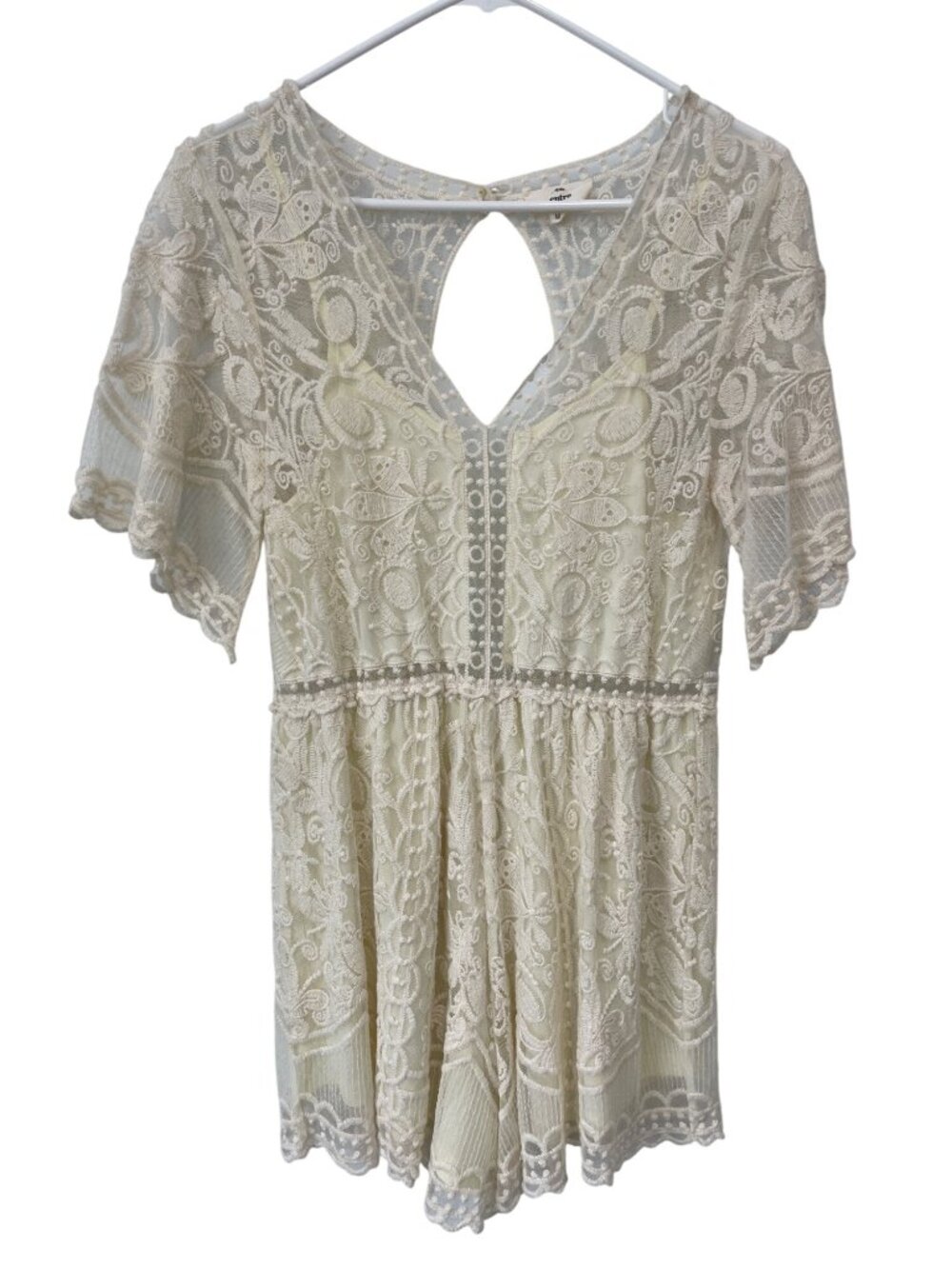Entro Romper Medium Short Sleeve V Neck Cutout Back Embroidered Coastal Bohemian